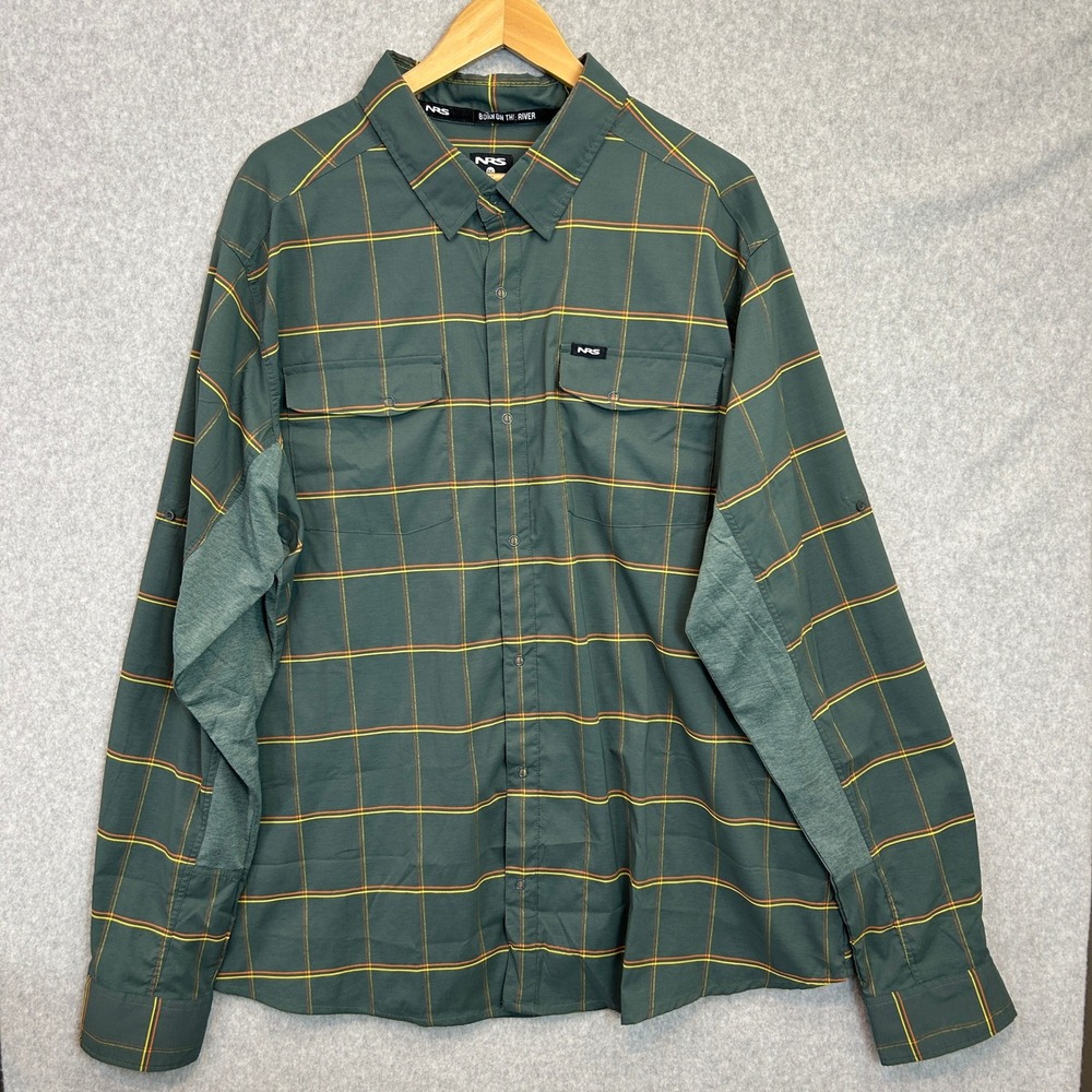 NRS Guide Shirt Green Plaid Technical Stretch LS Fishing Gorp Outdoor Mens 2XL